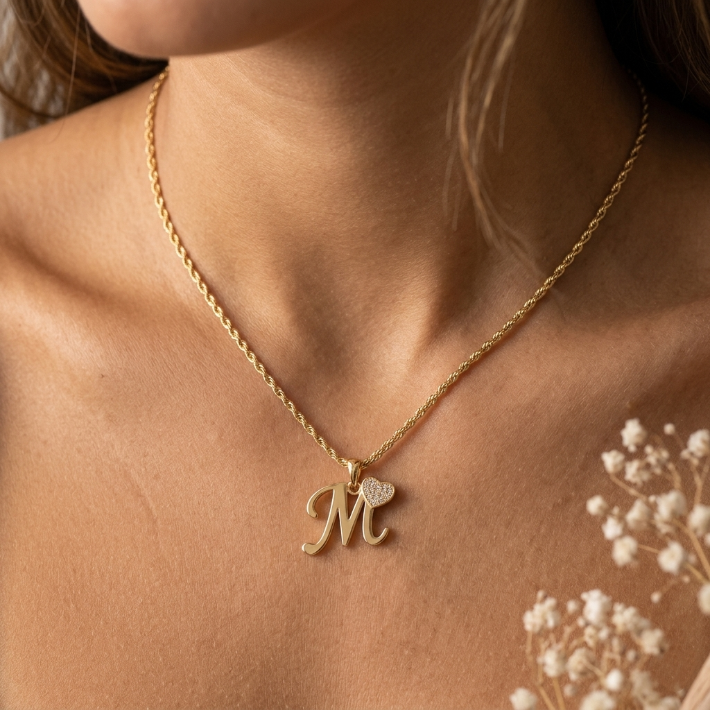 Custom Shiny Heart Initial Letter Pendant Necklace Rope Chain