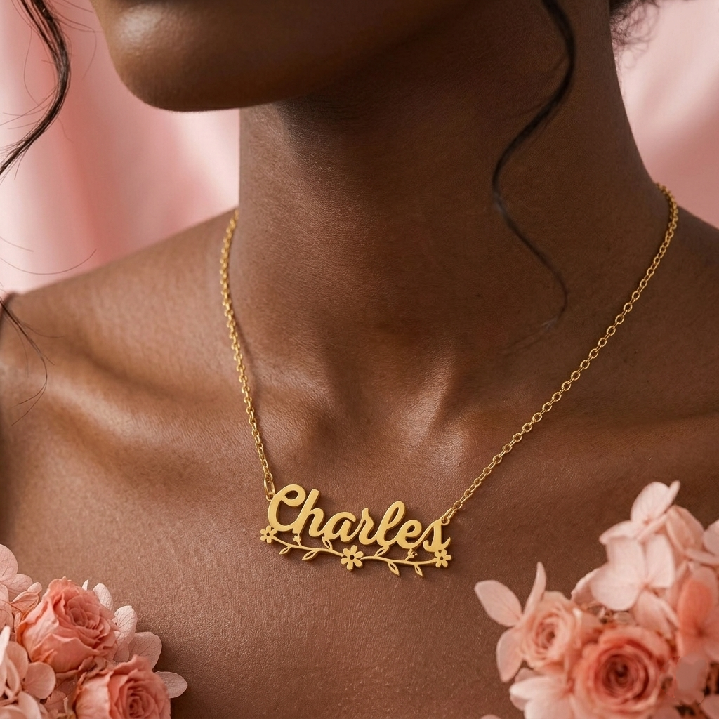 Personalized Little Flowers Nameplate Necklace Gold Plated