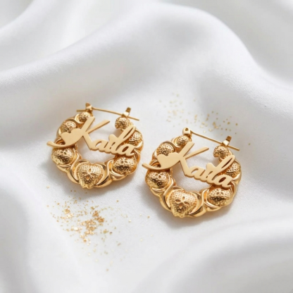 Xo Bamboo Mini Hoop Earrings with Heart Nameplate