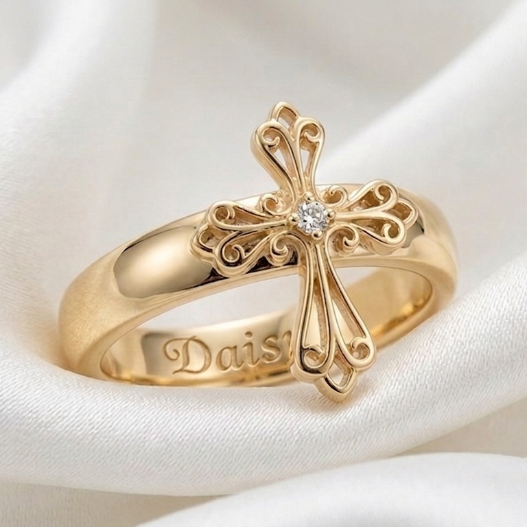 Zirconia Cross Engraved Name Ring Faith Ring