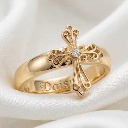Zirconia Cross Engraved Name Ring Faith Ring