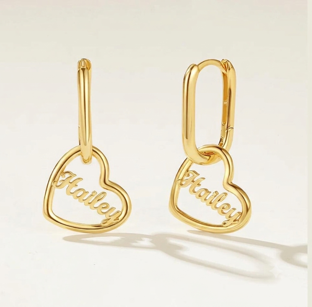 Gold Plated Heart Name Custom Dangle Earrings