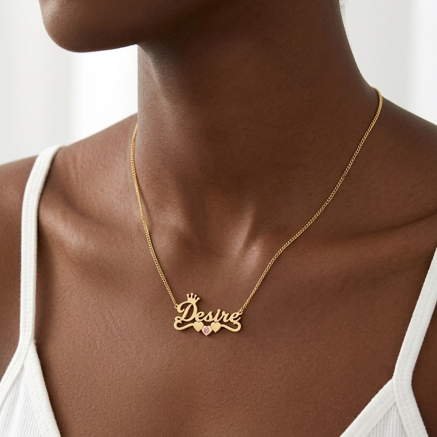 Personalized Three Hearts with Birthston Crown Name Necklace