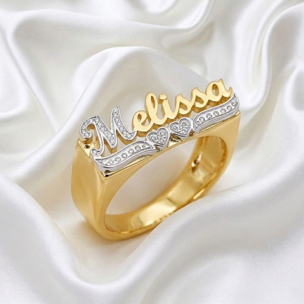 Custom Diamond Cut Two Tone Double Heart Name Ring