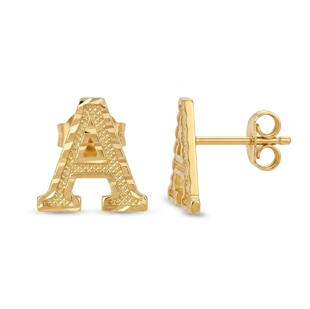 Gold Plated Diamond Cut Capital Letter Initial Stud Earrings
