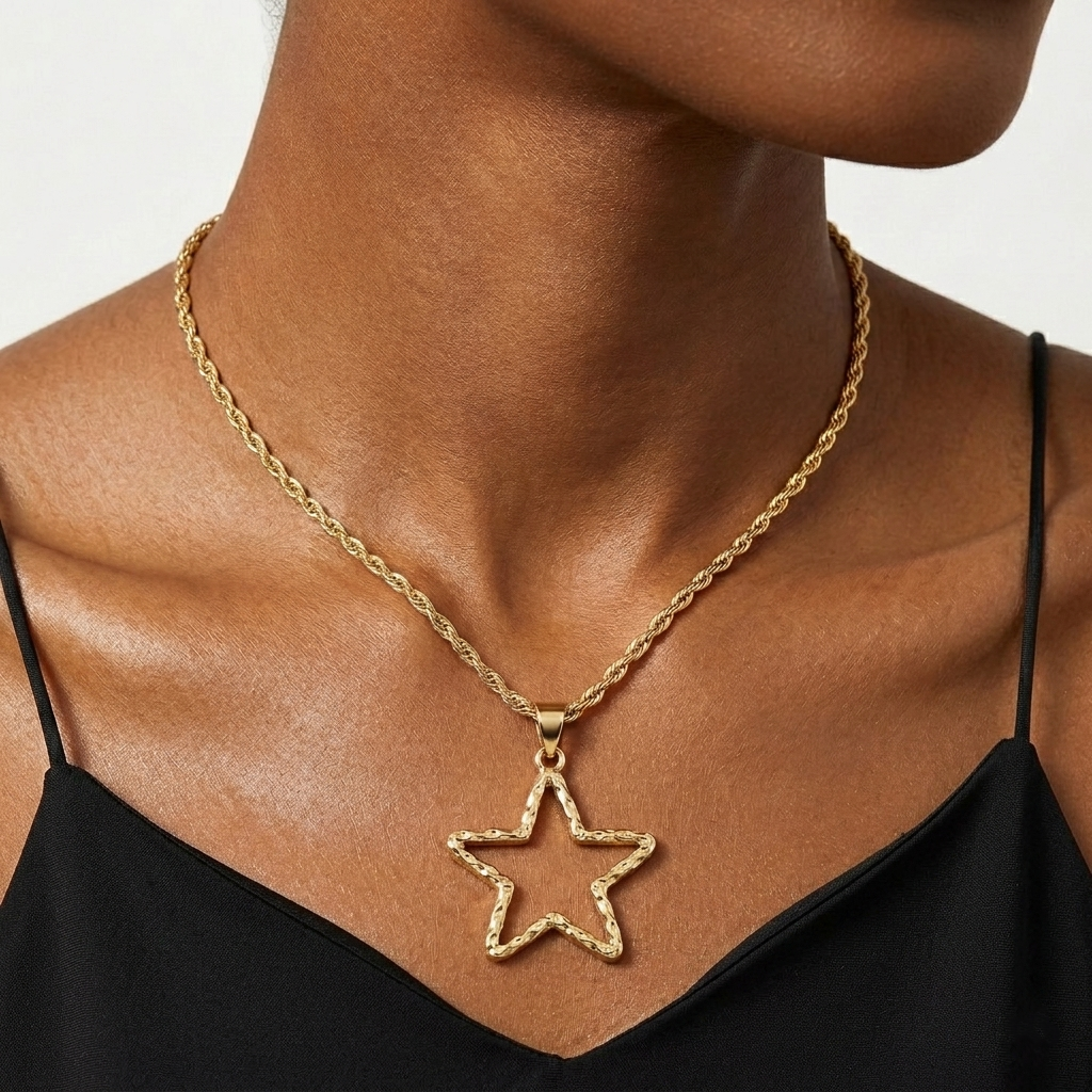 Nugget Star Charm Rope Chain Necklace