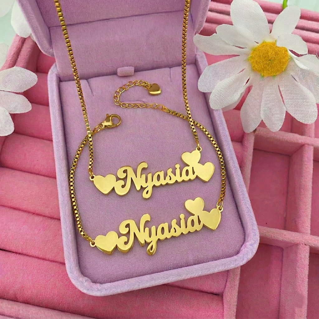 Custom Heart Name Necklace and Bracelet Jewelry Set Kids Set Box Chain