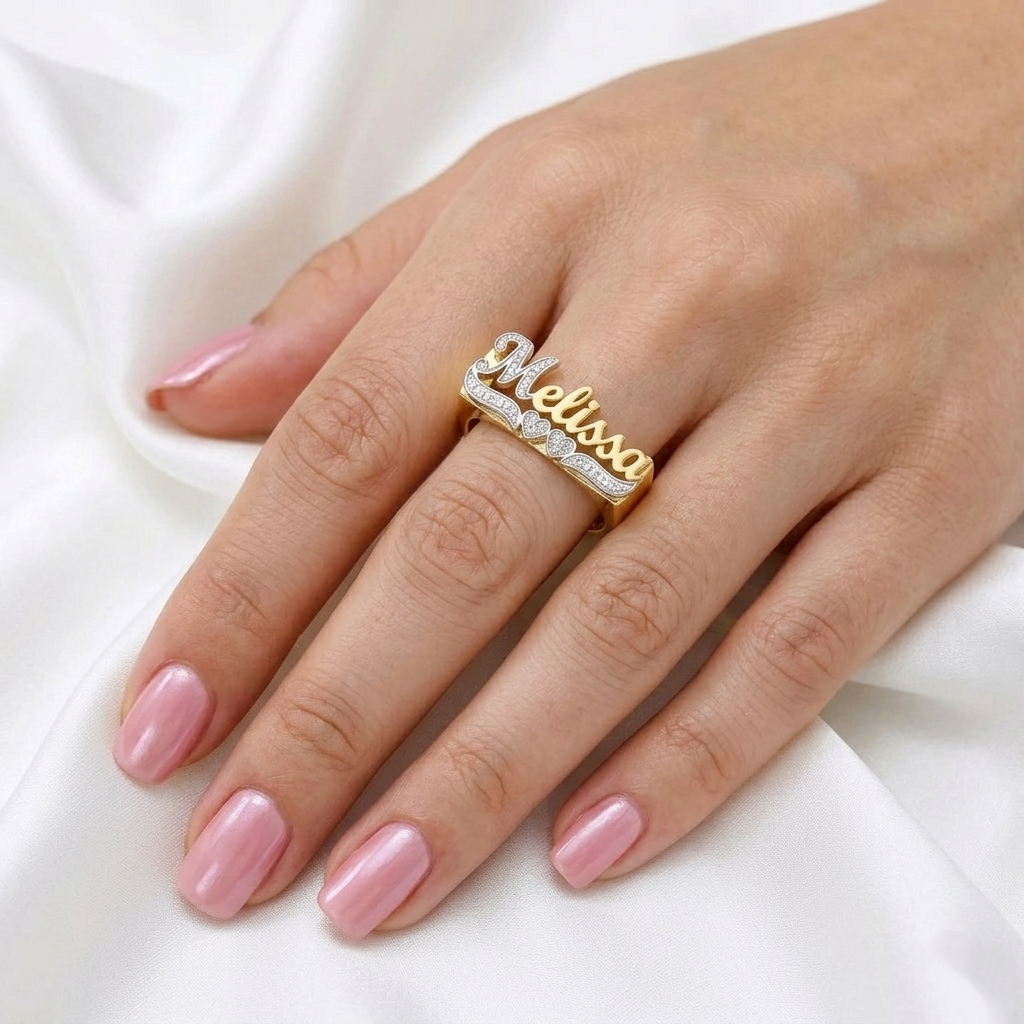 Custom Diamond Cut Two Tone Double Heart Name Ring