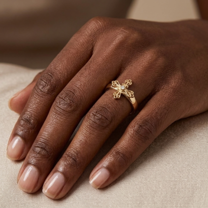 Zirconia Cross Engraved Name Ring Faith Ring