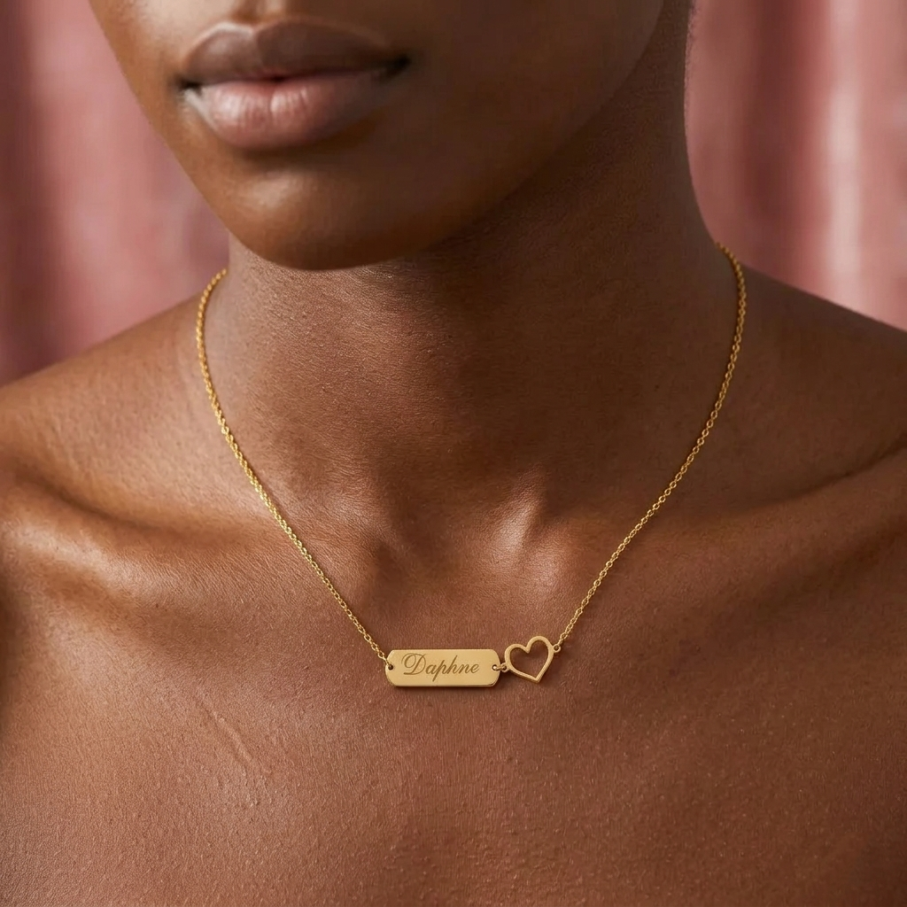 Personalized Heart Engraved Name Necklace Bar Necklace