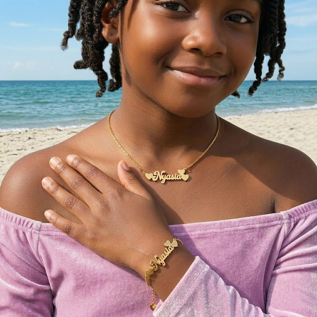 Custom Heart Name Necklace and Bracelet Jewelry Set Kids Set Box Chain