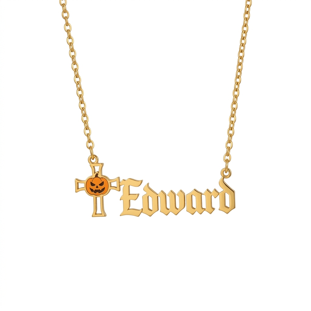 Halloween Cross Pumpkin Old English Name Necklace