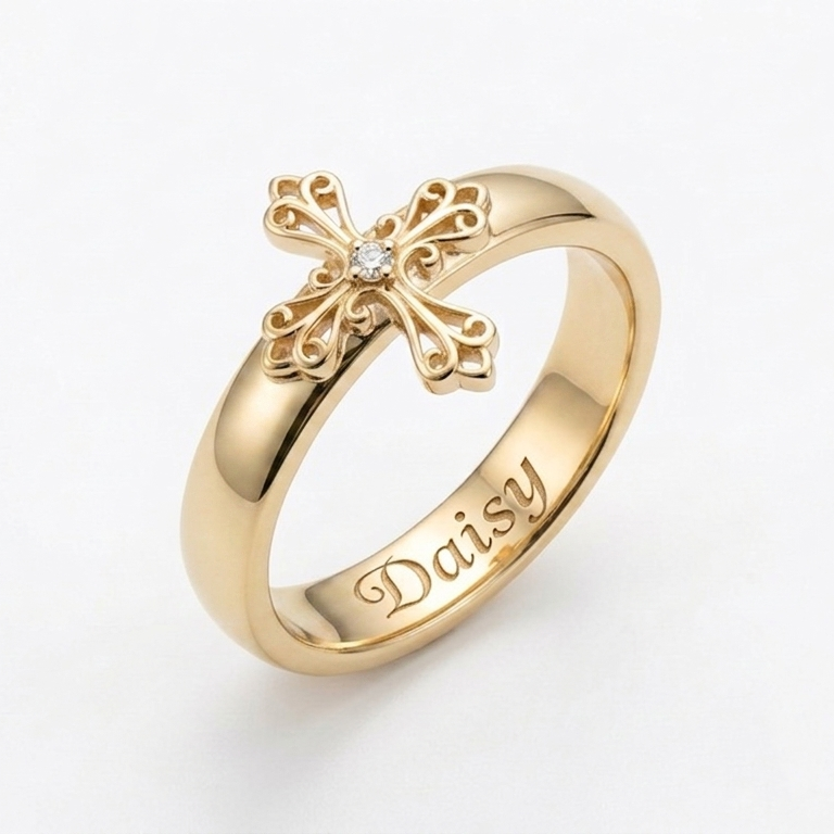 Zirconia Cross Engraved Name Ring Faith Ring
