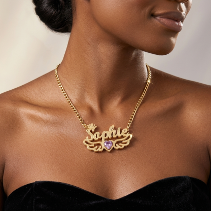 Double Layer Crwon and Heart Birthstone Angel Wings Custom Name Necklace