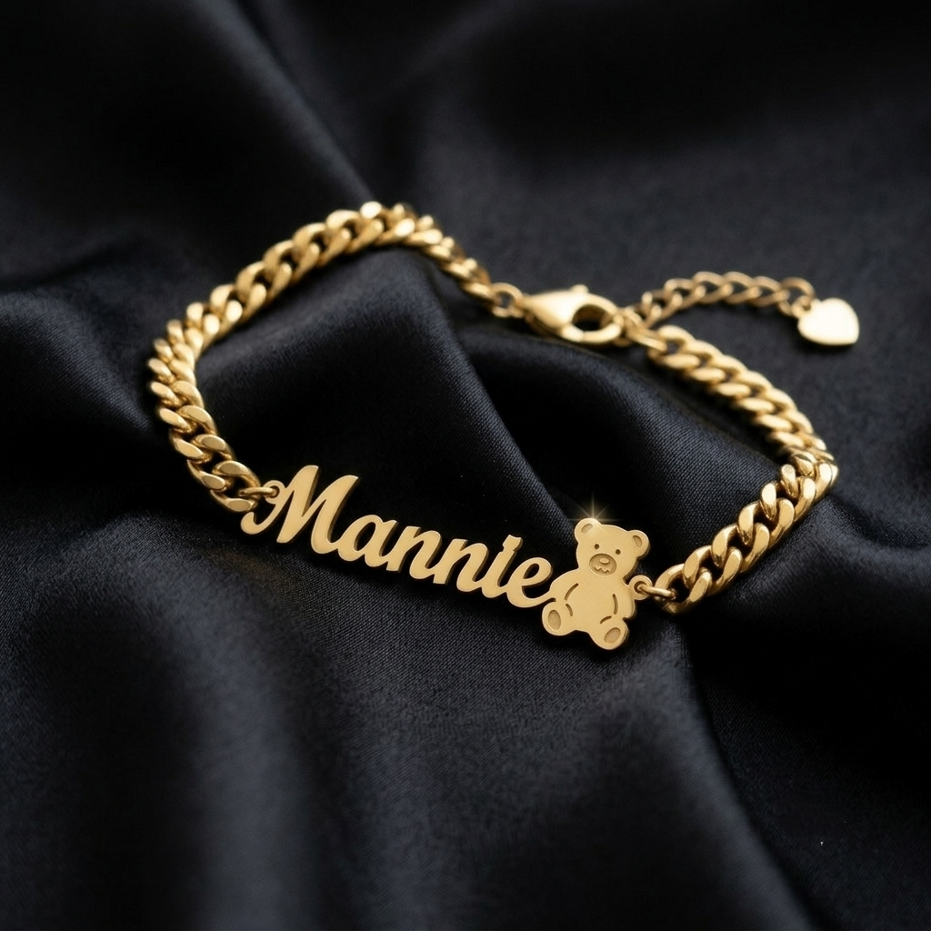 Personalized Cute Teddy Bear Name Bracelet Curb Chain