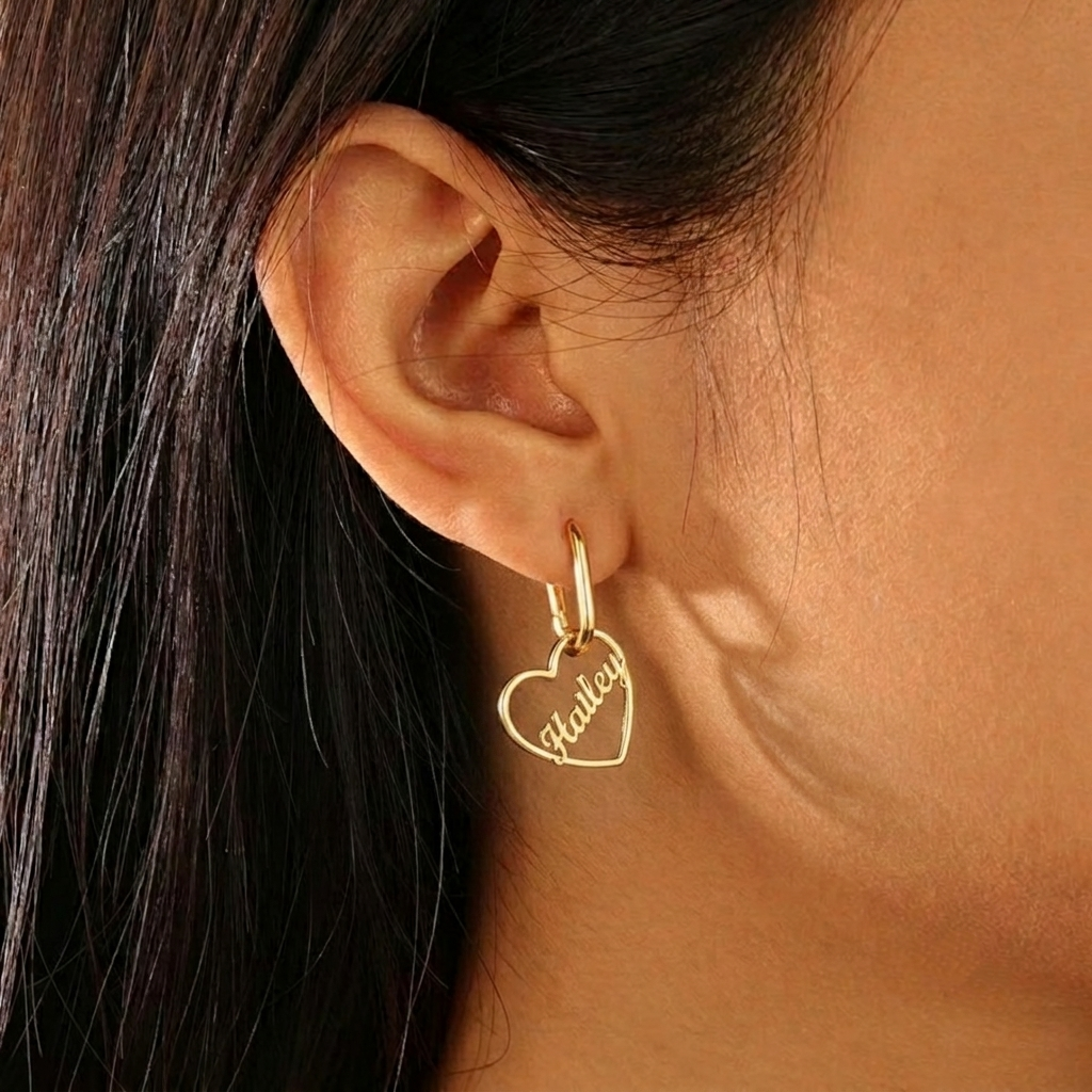 Gold Plated Heart Name Custom Dangle Earrings