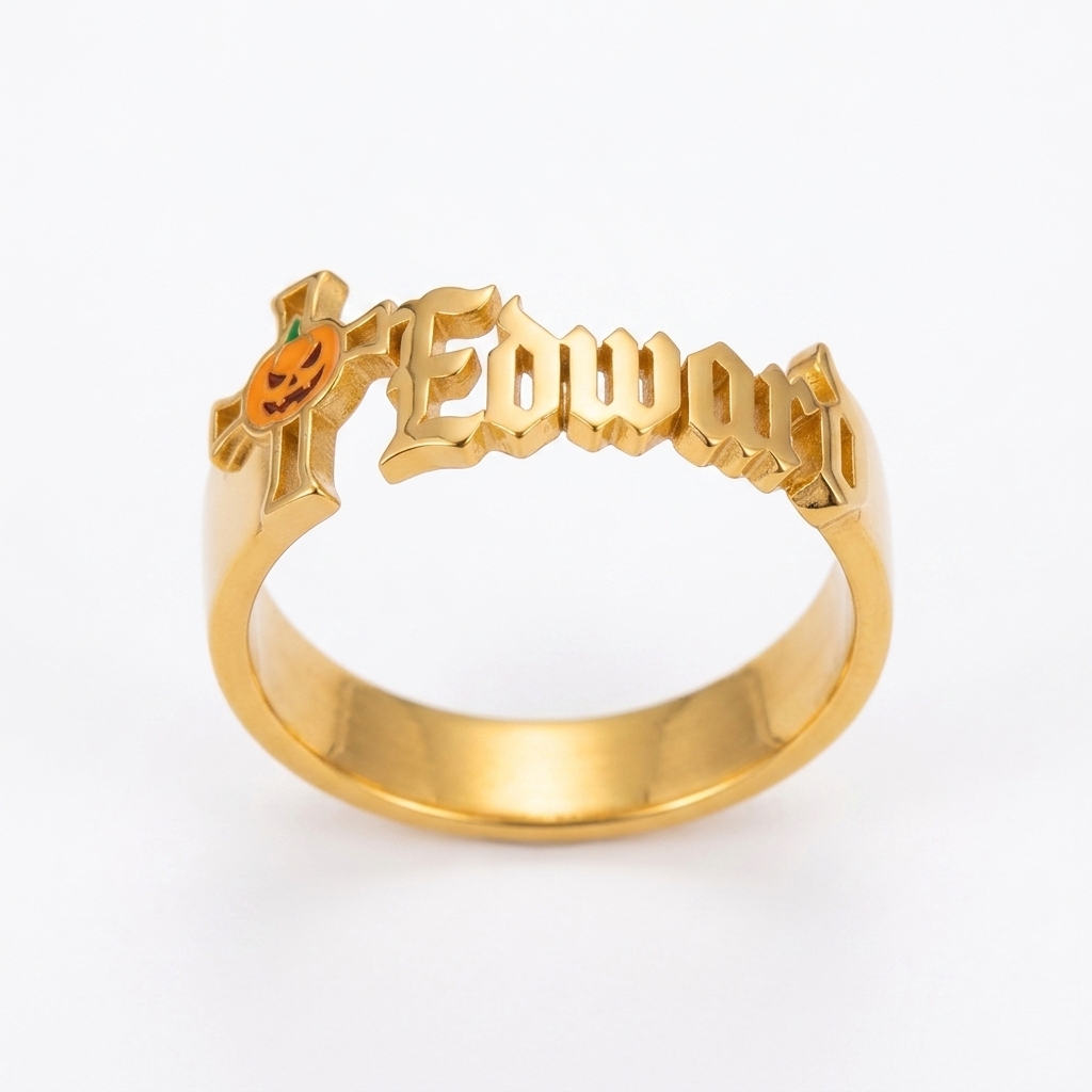 Halloween Cross and Pumpkin Old English Name Ring