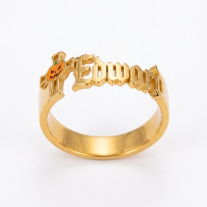 Halloween Cross and Pumpkin Old English Name Ring