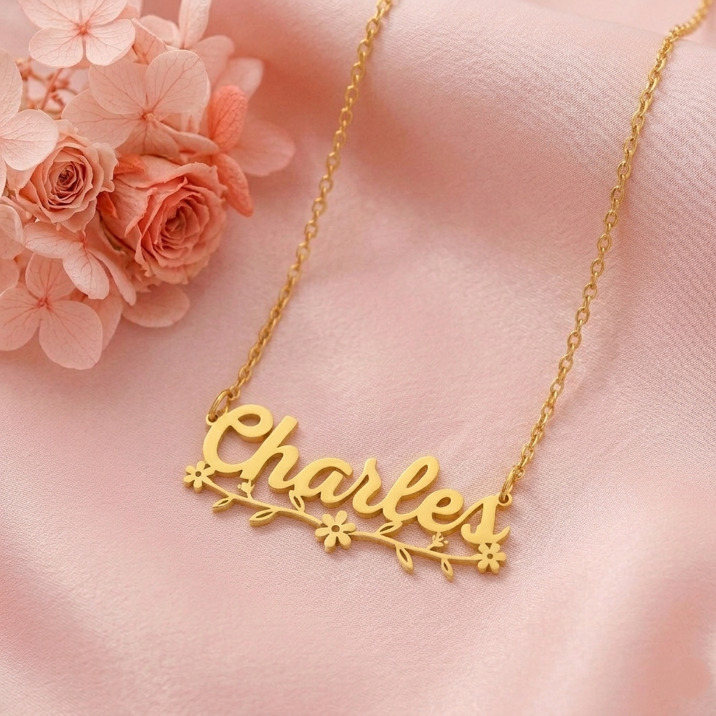 Personalized Little Flowers Nameplate Necklace Gold Plated