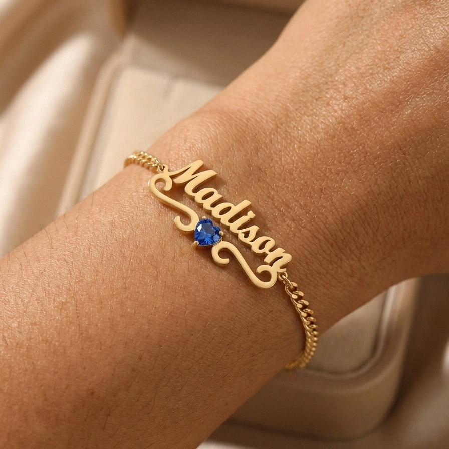 Personalized Heart Birthstone Nameplate Bracelet Gold Plated