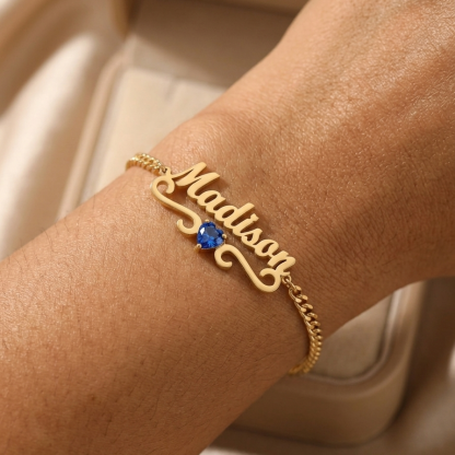 Personalized Heart Birthstone Nameplate Bracelet Gold Plated