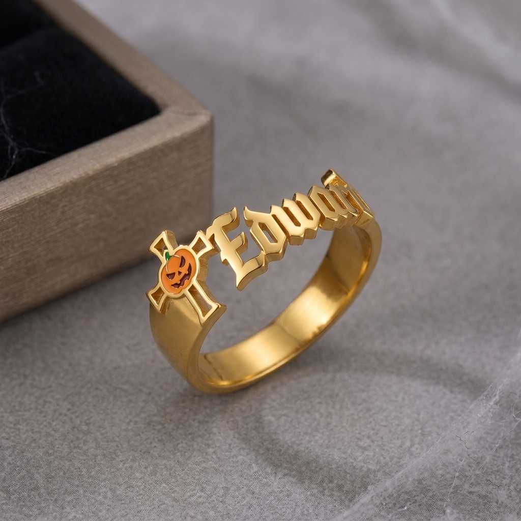 Halloween Cross and Pumpkin Old English Name Ring