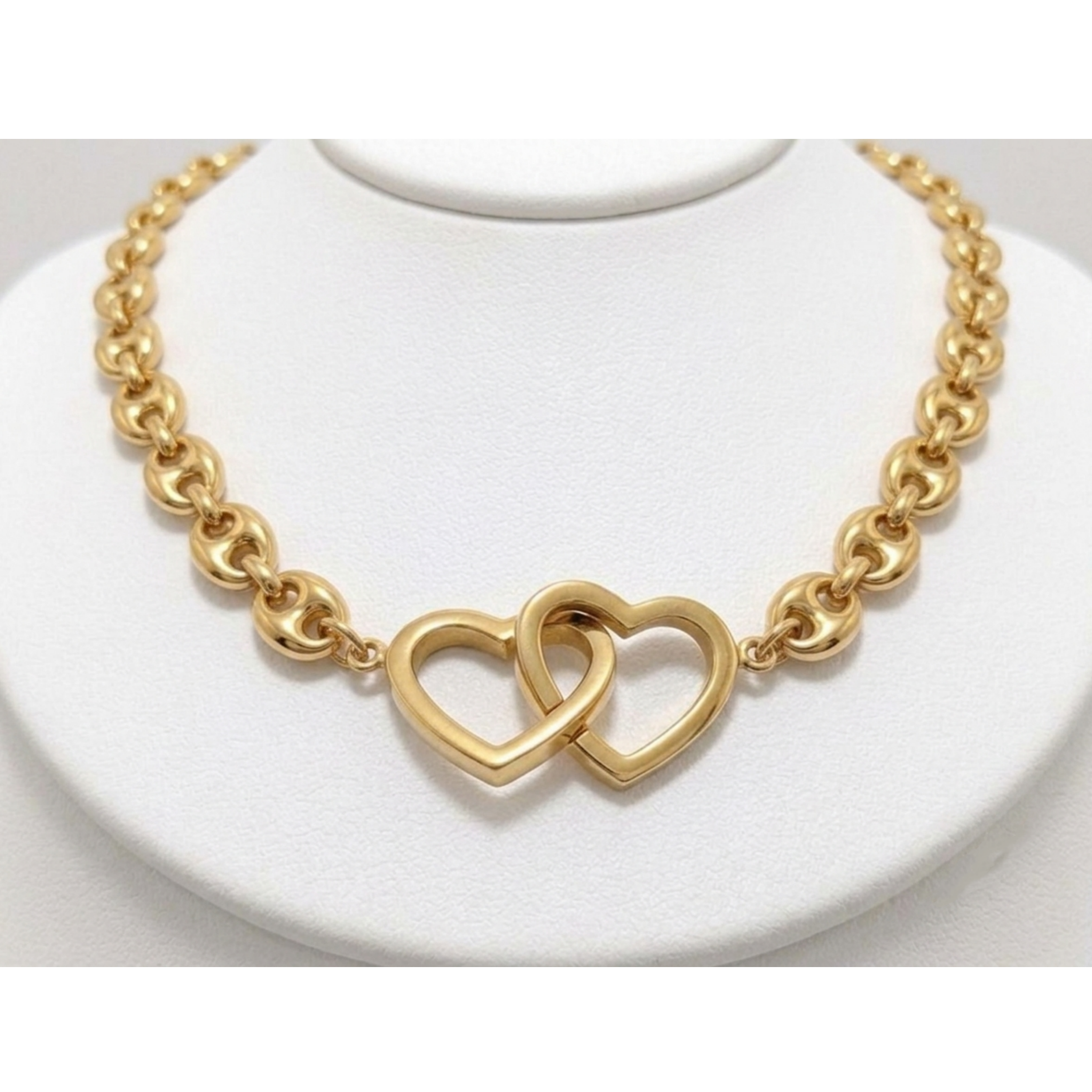 Puffed Mariner Link Chain Two Hearts Choker Necklace