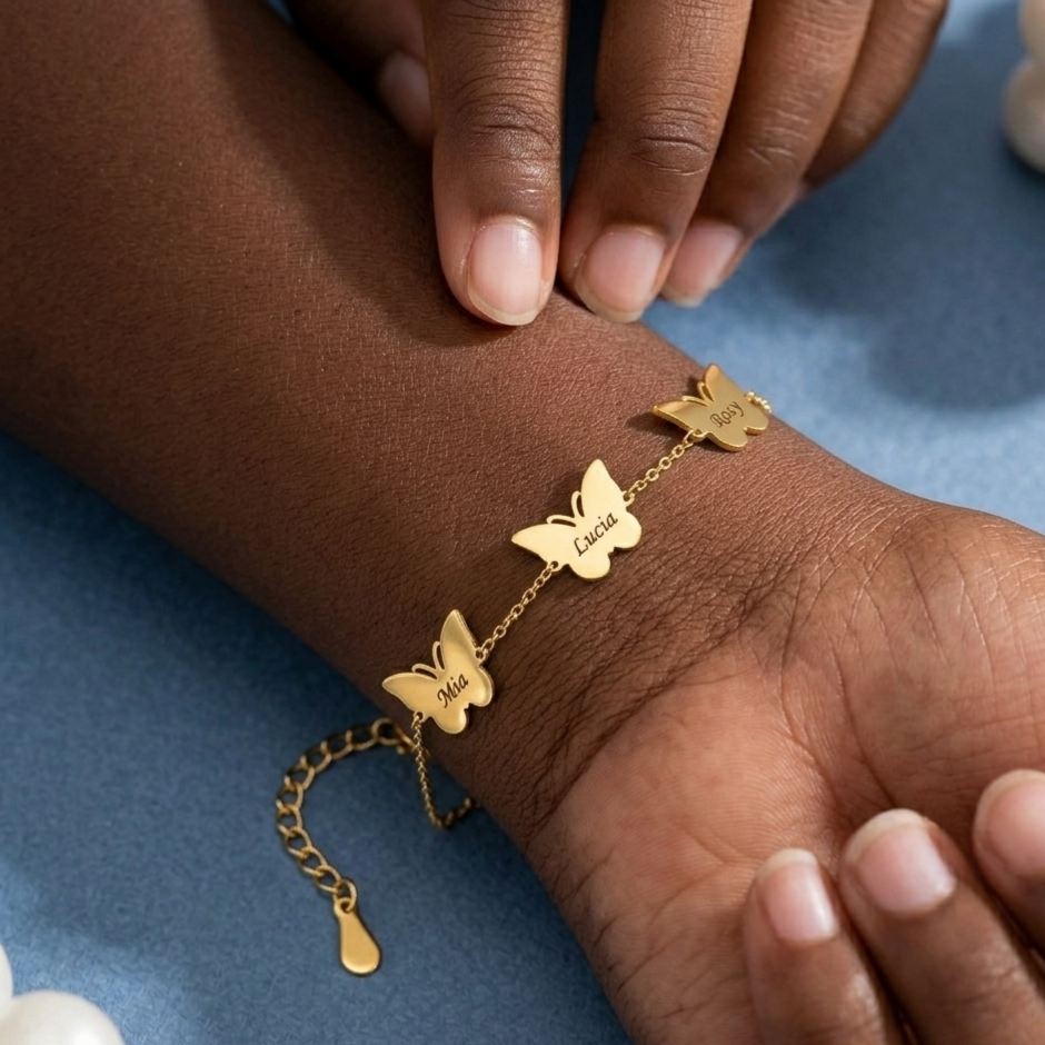 Gold Plated Three Butterflies Engraved Names Bracelet Family Jewelry