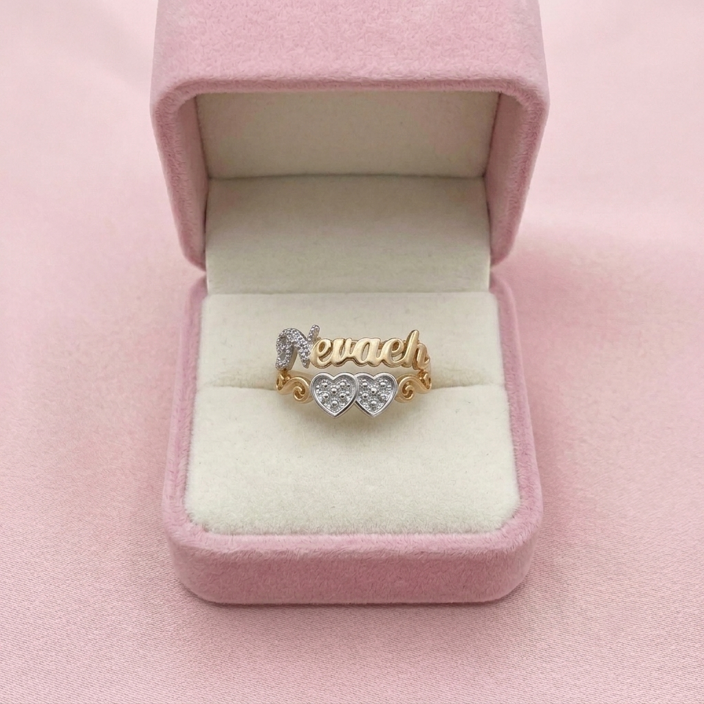 Two Tone Double Heart Custom Personalized Name Ring