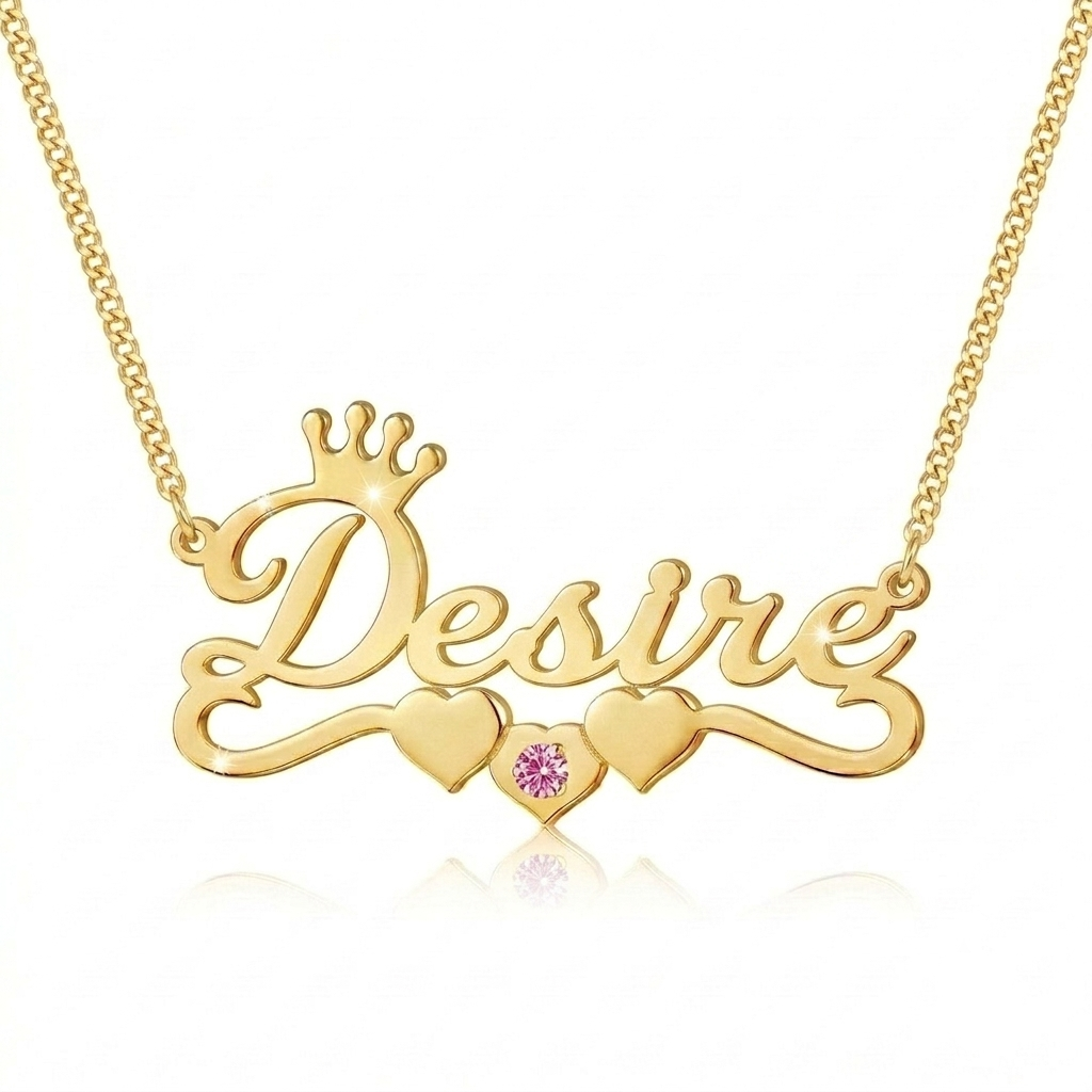 Personalized Three Hearts with Birthston Crown Name Necklace