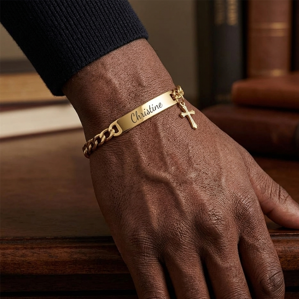 Custom Engraved Bar Name Bracelet with Cross Pendant