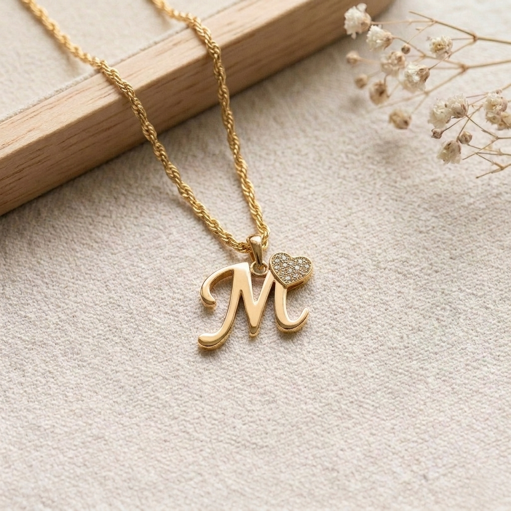 Custom Shiny Heart Initial Letter Pendant Necklace Rope Chain