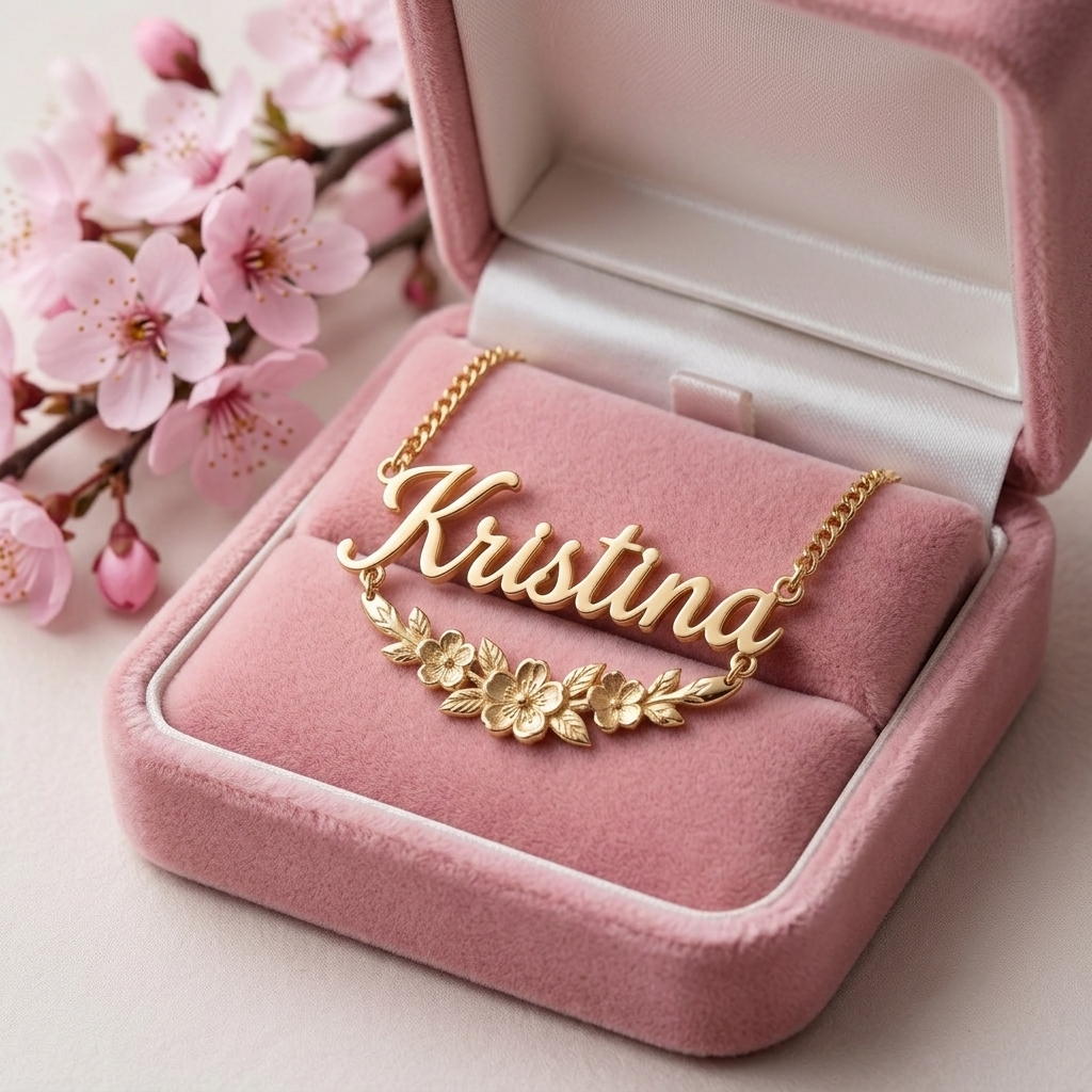 Personalized Sweet Cherry Blossoms Nameplate Necklace