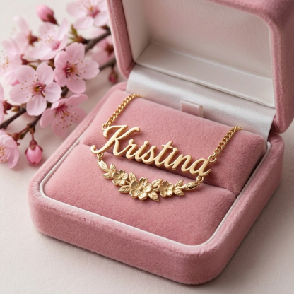 Personalized Sweet Cherry Blossoms Nameplate Necklace