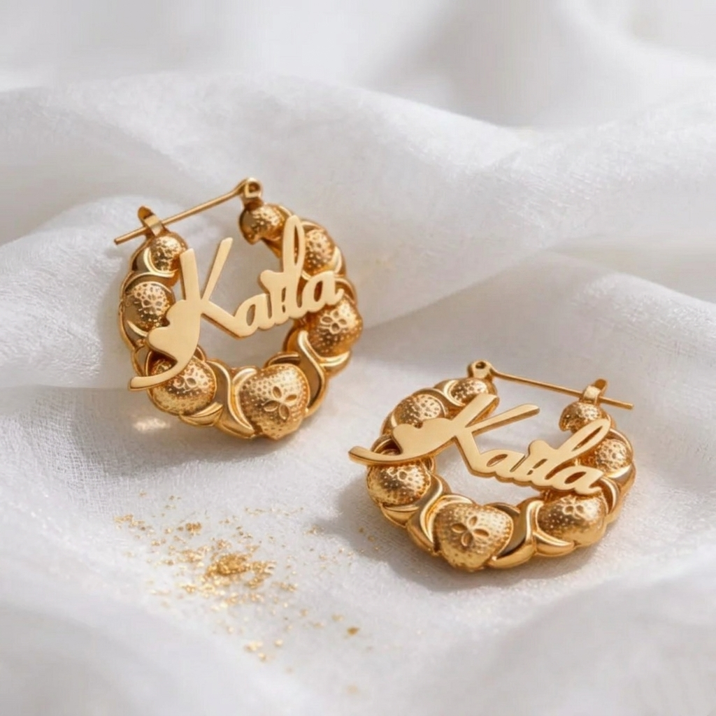Xo Bamboo Mini Hoop Earrings with Heart Nameplate