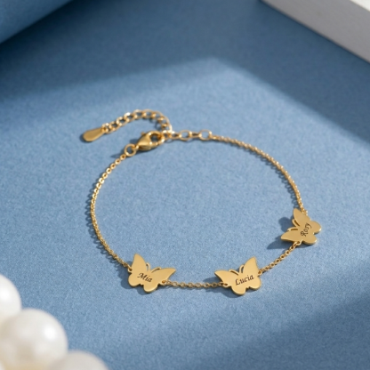 Gold Plated Three Butterflies Engraved Names Bracelet Family Jewelry