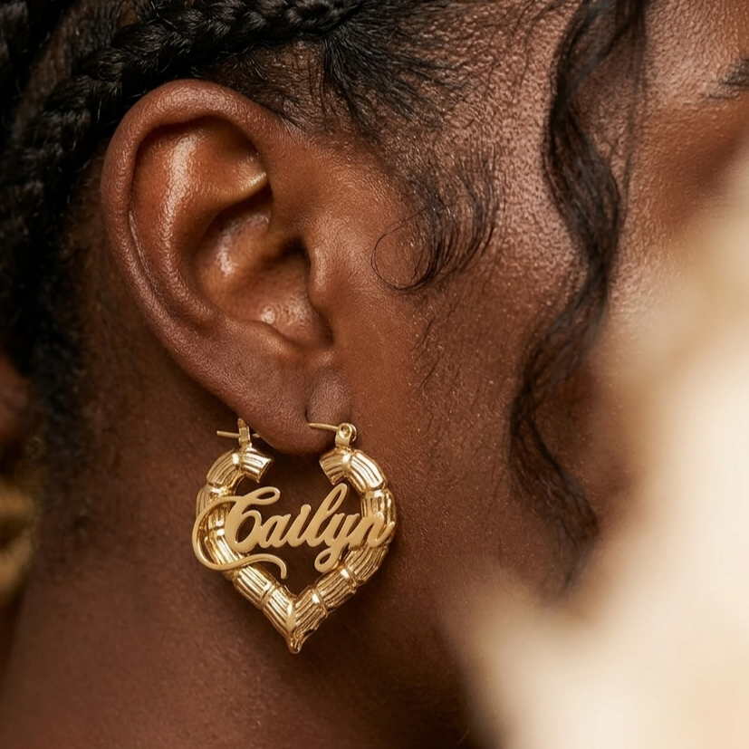 Heart Shaped Custom Bamboo Name Earrings