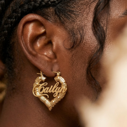 Heart Shaped Custom Bamboo Name Earrings