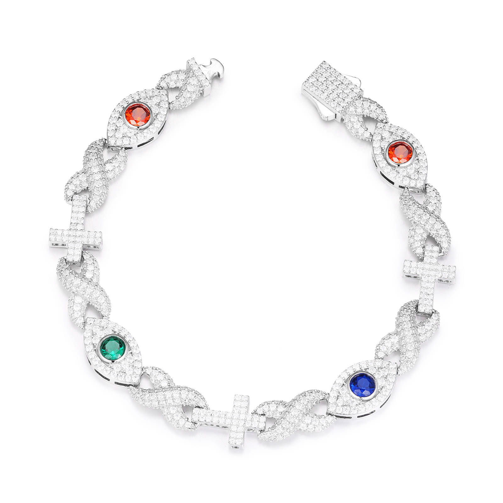 Diamond Iced Out Infinity Cross Evil Eye Cuban Link Bracelet