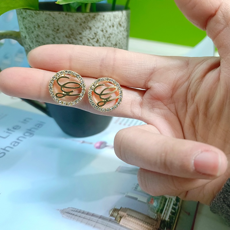 Paved Letter Round Stud Earrings Crystal Custom Initial Earrings