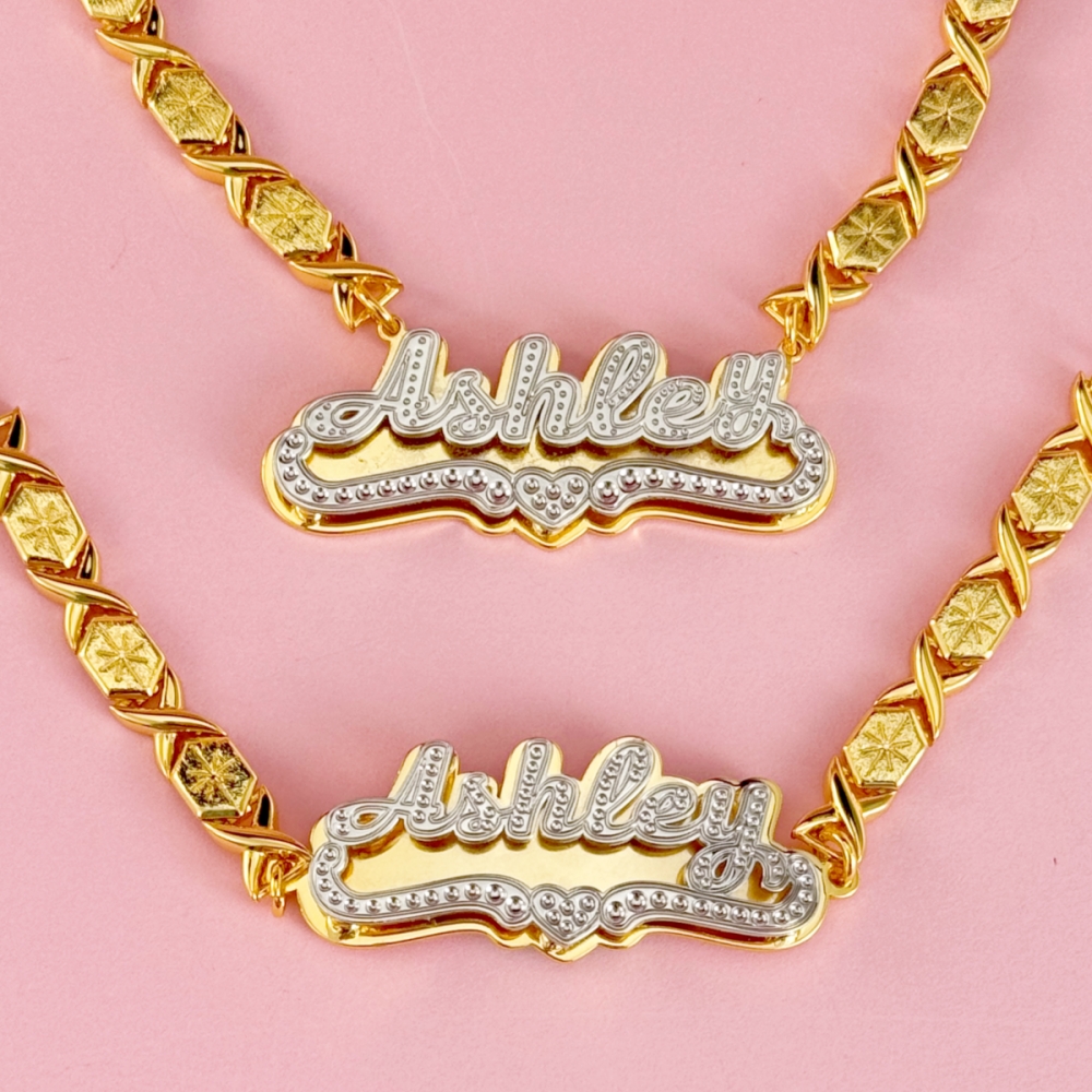 Xo Chain Double Plate Two Tone Heart Name Necklace and Bracelet Jewelry Set