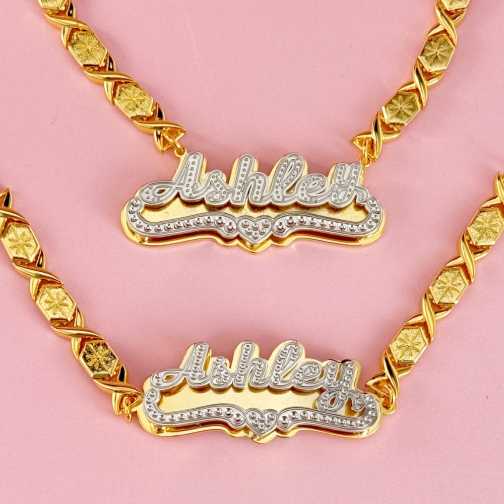 Xo Chain Double Plate Two Tone Heart Name Necklace and Bracelet Jewelry Set