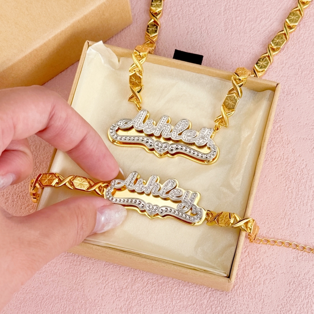 Xo Chain Double Plate Two Tone Heart Name Necklace and Bracelet Jewelry Set