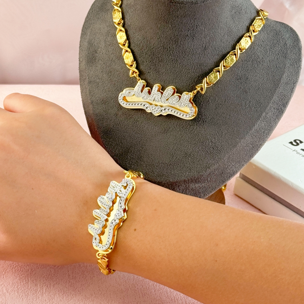 Xo Chain Double Plate Two Tone Heart Name Necklace and Bracelet Jewelry Set