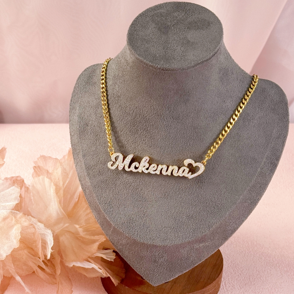 Shiny Bling Double Plate Heart Name Necklace Custom Name Necklace