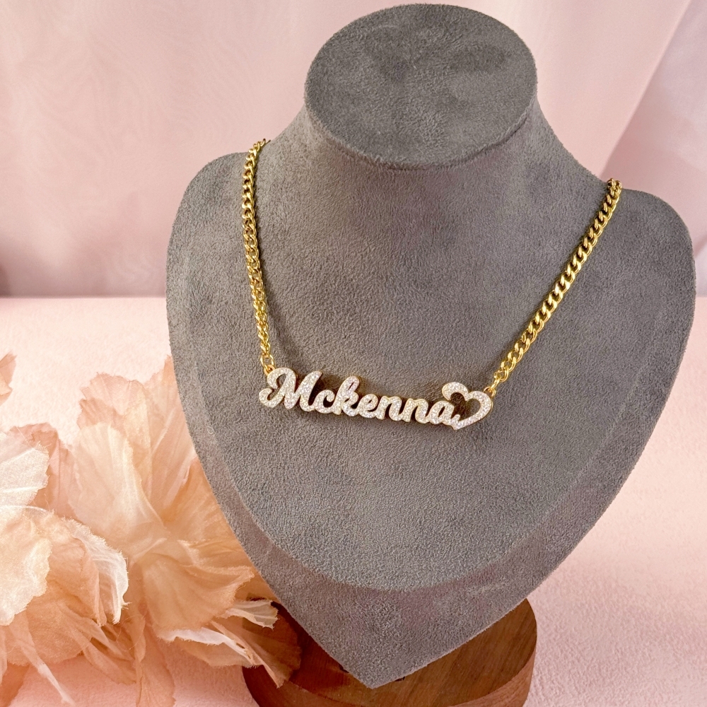 Shiny Bling Double Plate Heart Name Necklace Custom Name Necklace
