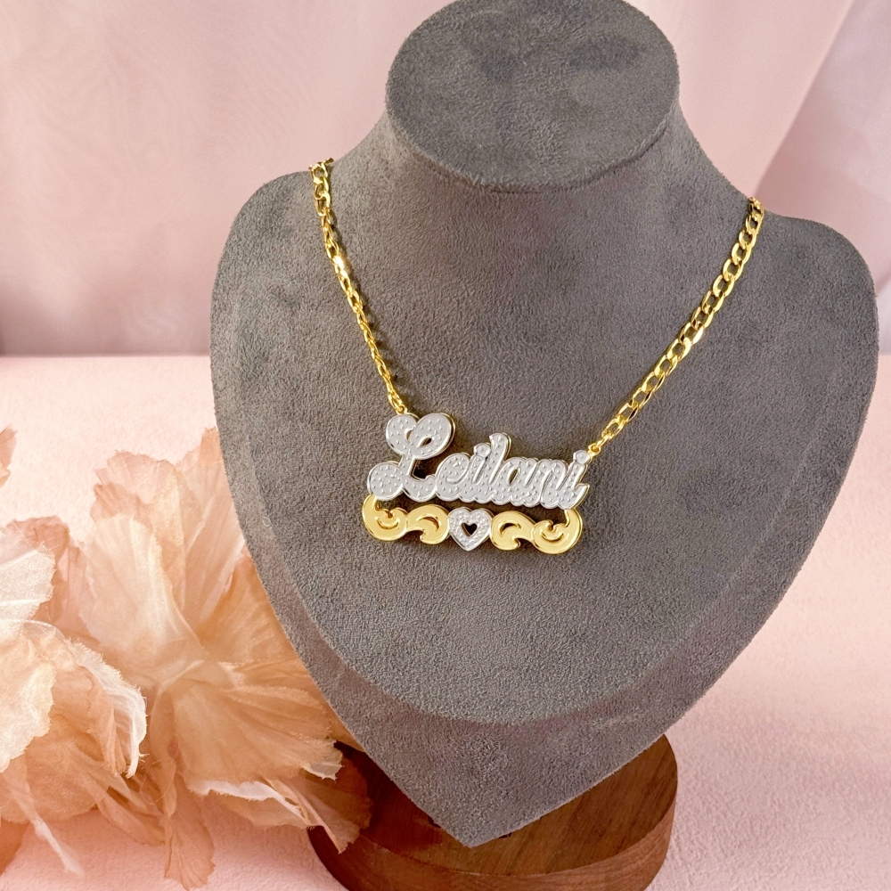 Double Layer Two Tone 3D Nameplate with Heart Personalized Gold Plated Name Necklace