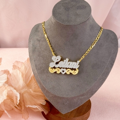 Double Layer Two Tone 3D Nameplate with Heart Personalized Gold Plated Name Necklace