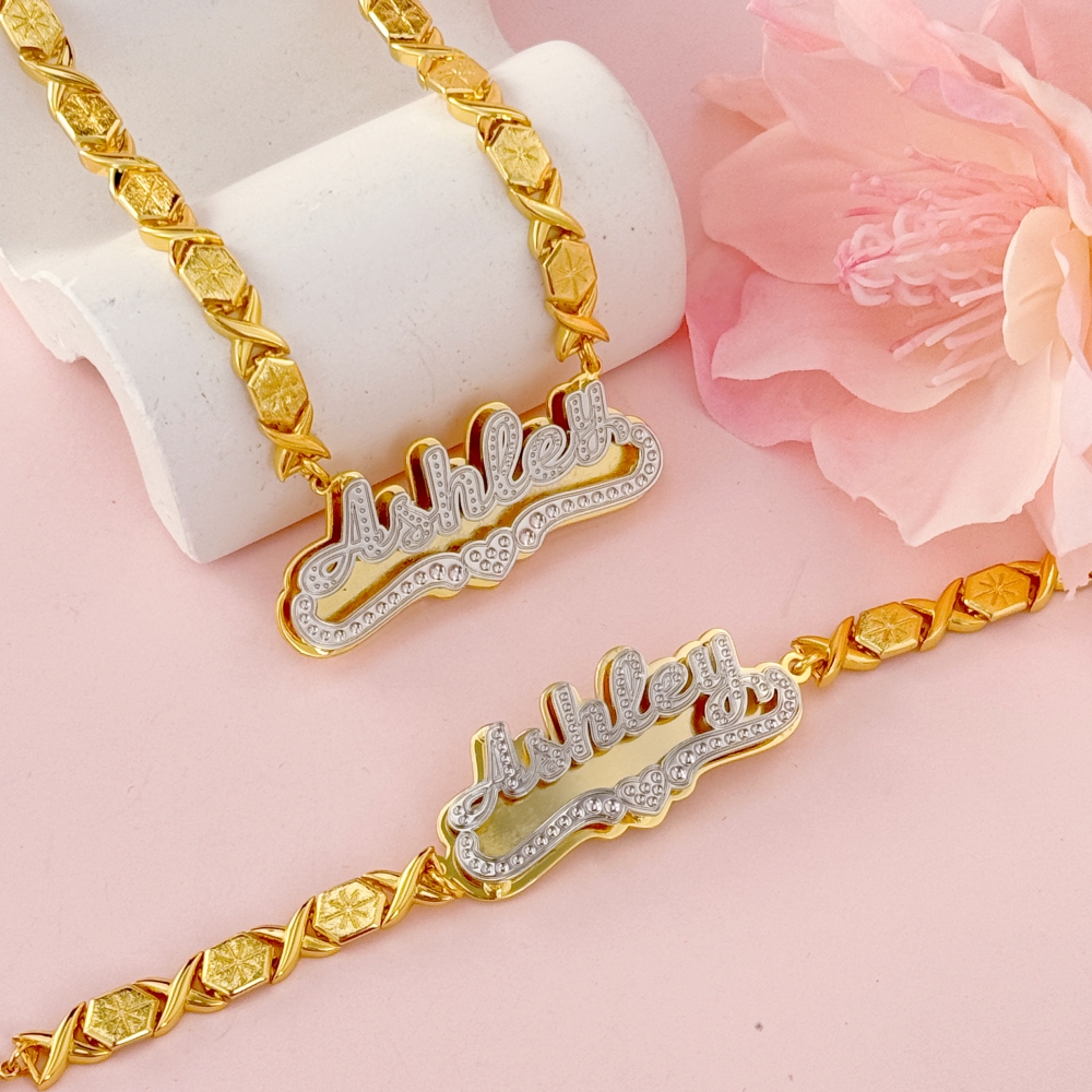 Xo Chain Double Plate Two Tone Heart Name Necklace and Bracelet Jewelry Set