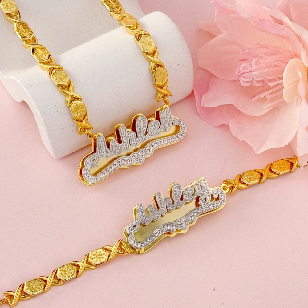 Xo Chain Two Tone Heart Name Necklace and Bracelet Jewelry Set